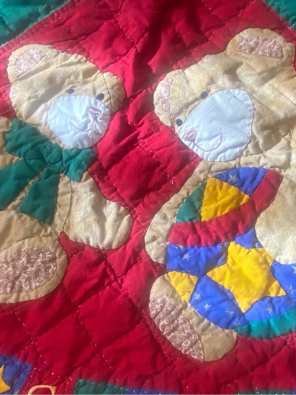 Vintage Teddy Bear and Train Quilted Christmas Tree‎ Skirt - Red, Blue & Green